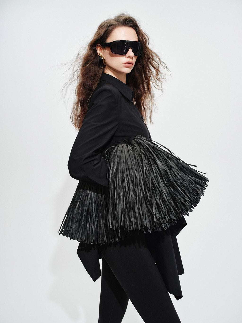 audreyyang Vintage Loose Square Neck Long Sleeve Midi Cardigan Black Polyester Blouses
