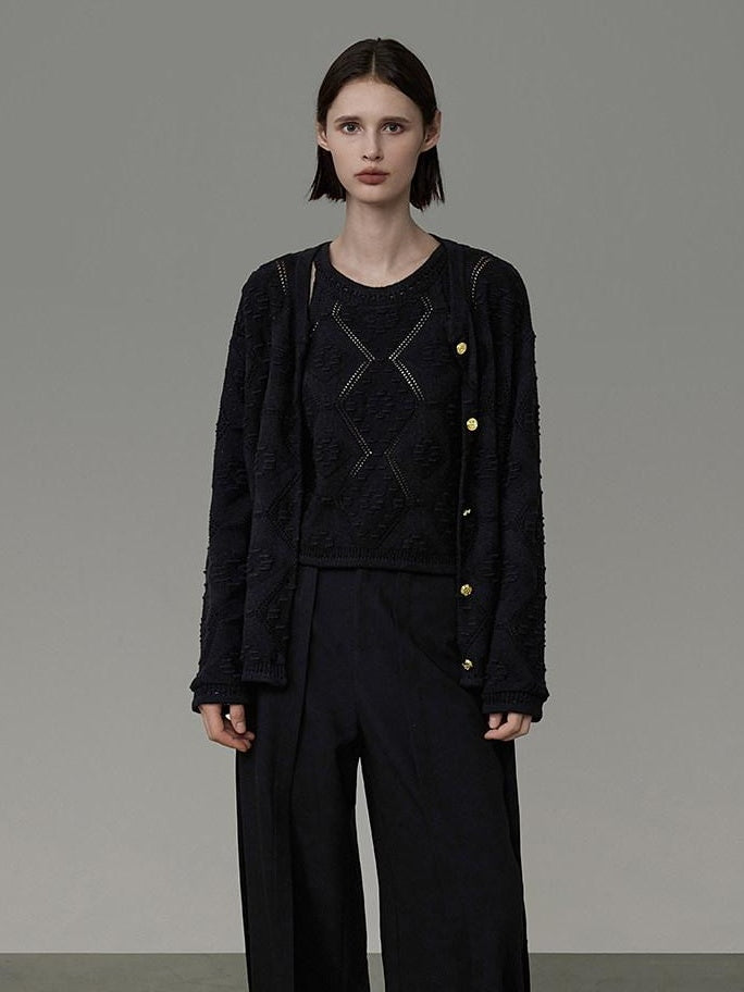 unspoken Soft Fine Knit Two Piece Minimalist Women Black Layered Knitwear Cardigans