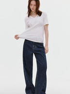 fano Deep Blue Natural Waist Relaxed Casual Zip Fly No Stretch Wide Leg Jeans