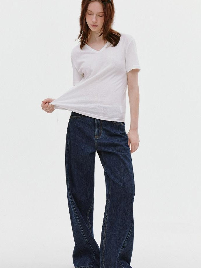 fano Deep Blue Natural Waist Relaxed Casual Zip Fly No Stretch Wide Leg Jeans