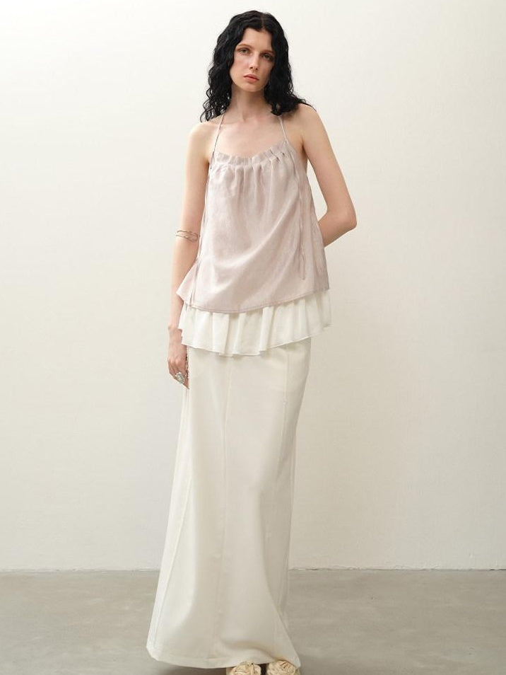 someone sometimes Original Design Ruffle Trim Loose Fit Lyocell Blend Women Solid Color Camisoles