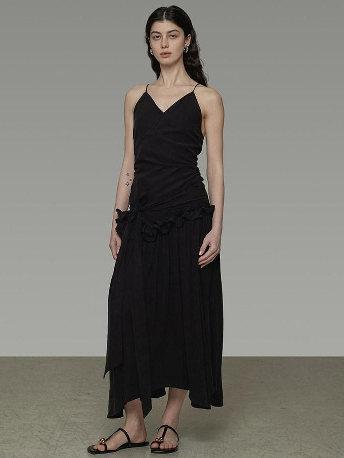 unspoken Ultra Soft Tencel A Line Cinched Waist Minimalist Commuter Black Maxi Dresses