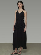 unspoken Ultra Soft Tencel A Line Cinched Waist Minimalist Commuter Black Maxi Dresses