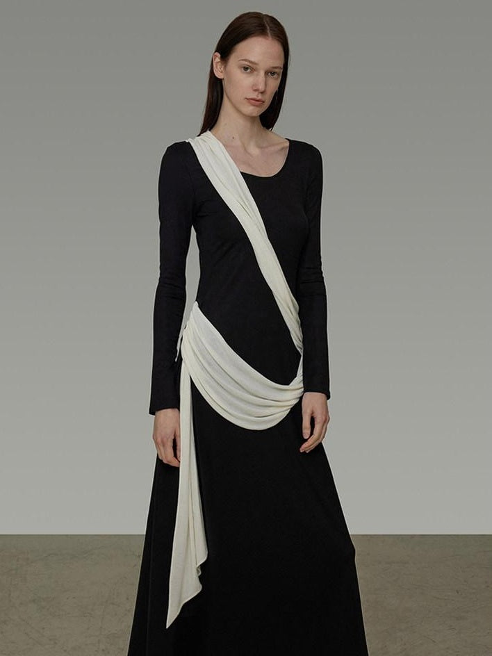 unspoken Slimming High Waist A Line Knit Long Sleeve Workwear Black Women Maxi Dresses