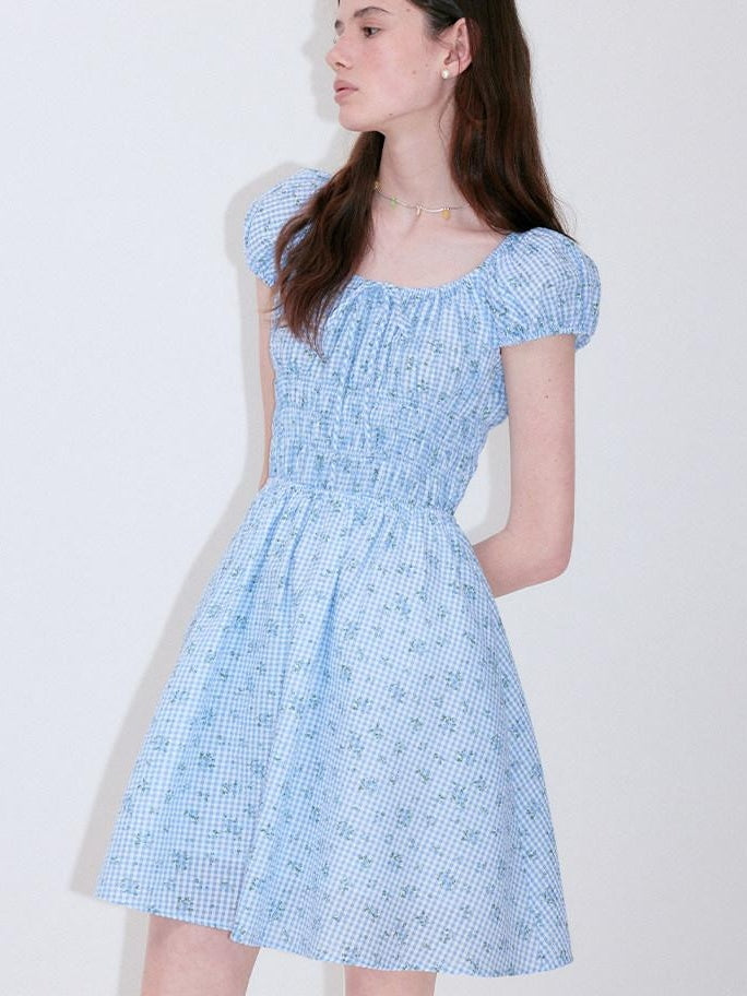 fano Sweet High Waist Puff Sleeve A Line Floral Square Neck Poly Cotton Midi Dresses