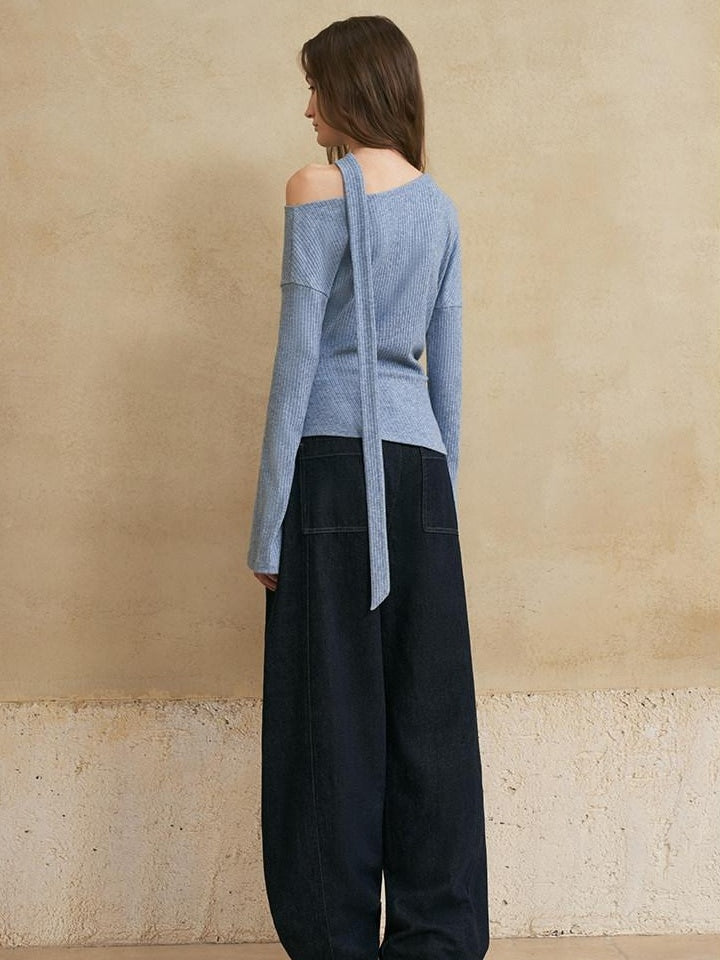 someonesometimes Viscose Blend Casual Slim Asymmetric Neck Knit Long Sleeve Sky Blue Sweaters