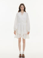 ikyou Non Fading V-neck Drawstring High Waist A Line Casual White Midi Dresses
