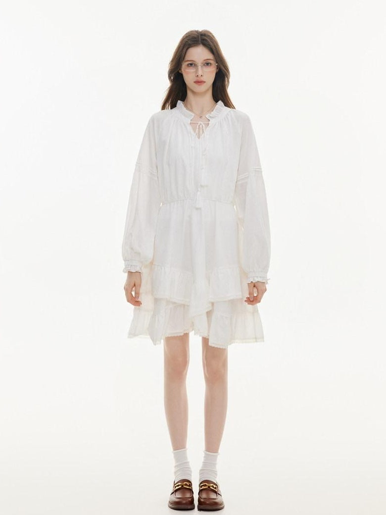 ikyou Non Fading V-neck Drawstring High Waist A Line Casual White Midi Dresses
