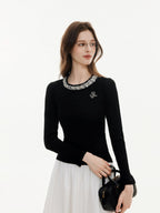 ikyou Rhinestone Soft Cotton Blend Slim Fit Workwear Black Long Sleeve T-Shirts