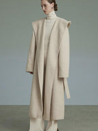 unspoken Premium 90 Wool 10 Alpaca Hooded Minimal Straight Long Oatmeal Wool Coats
