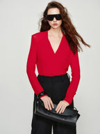 audreyyang Lyocell Wool Stretch Knit Slim Fit V-neck Womens Red Long Sleeve T-Shirts
