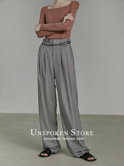 unspoken Breathable Minimal Commuter Belted Natural Waist Women Dark Gray Wide Leg Pants