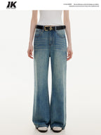 ikyou Washed Distressed Loose Casual Natural Waist Denim Blue Everyday Wide Leg Jeans