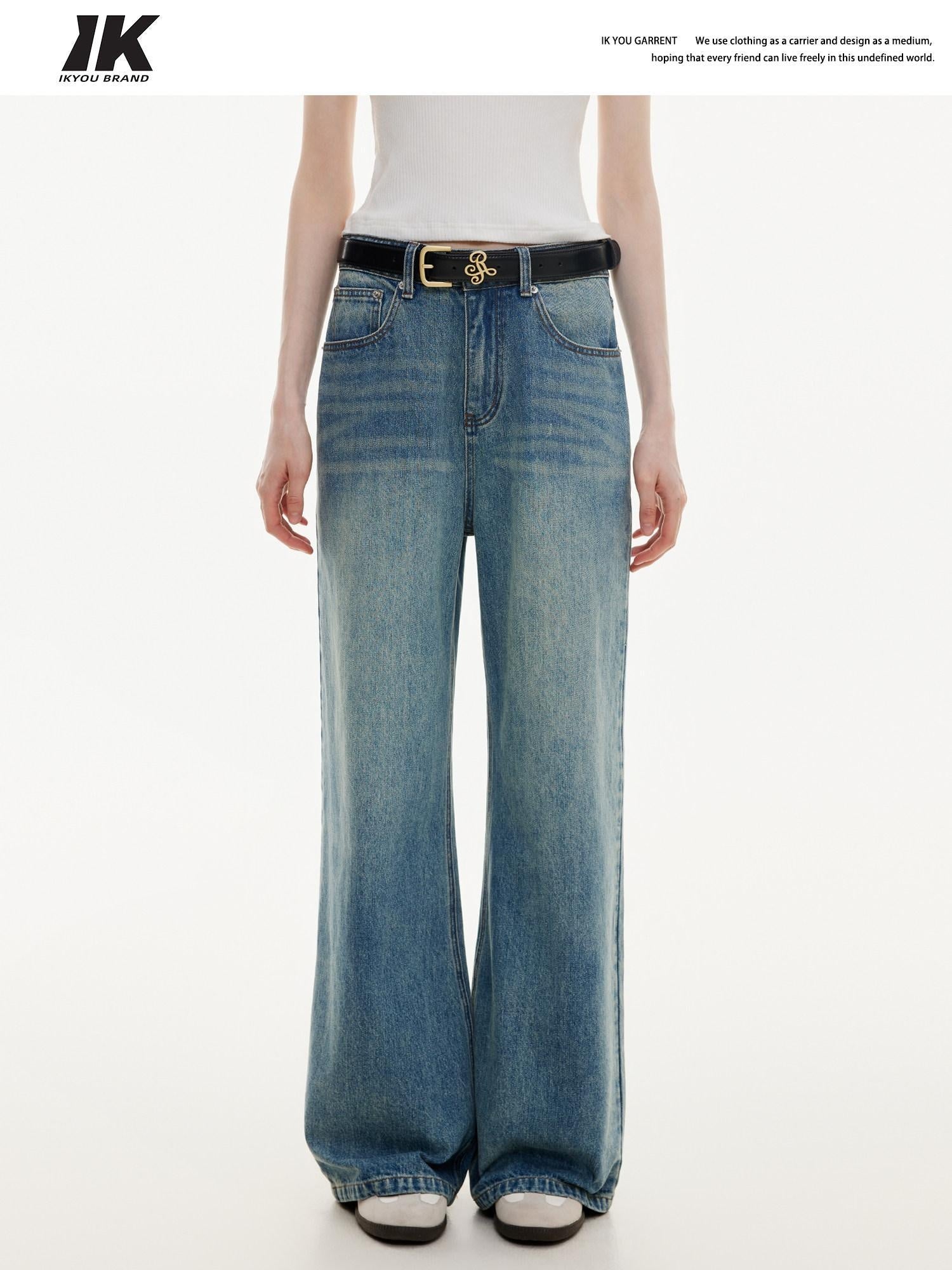 ikyou Washed Distressed Loose Casual Natural Waist Denim Blue Everyday Wide Leg Jeans