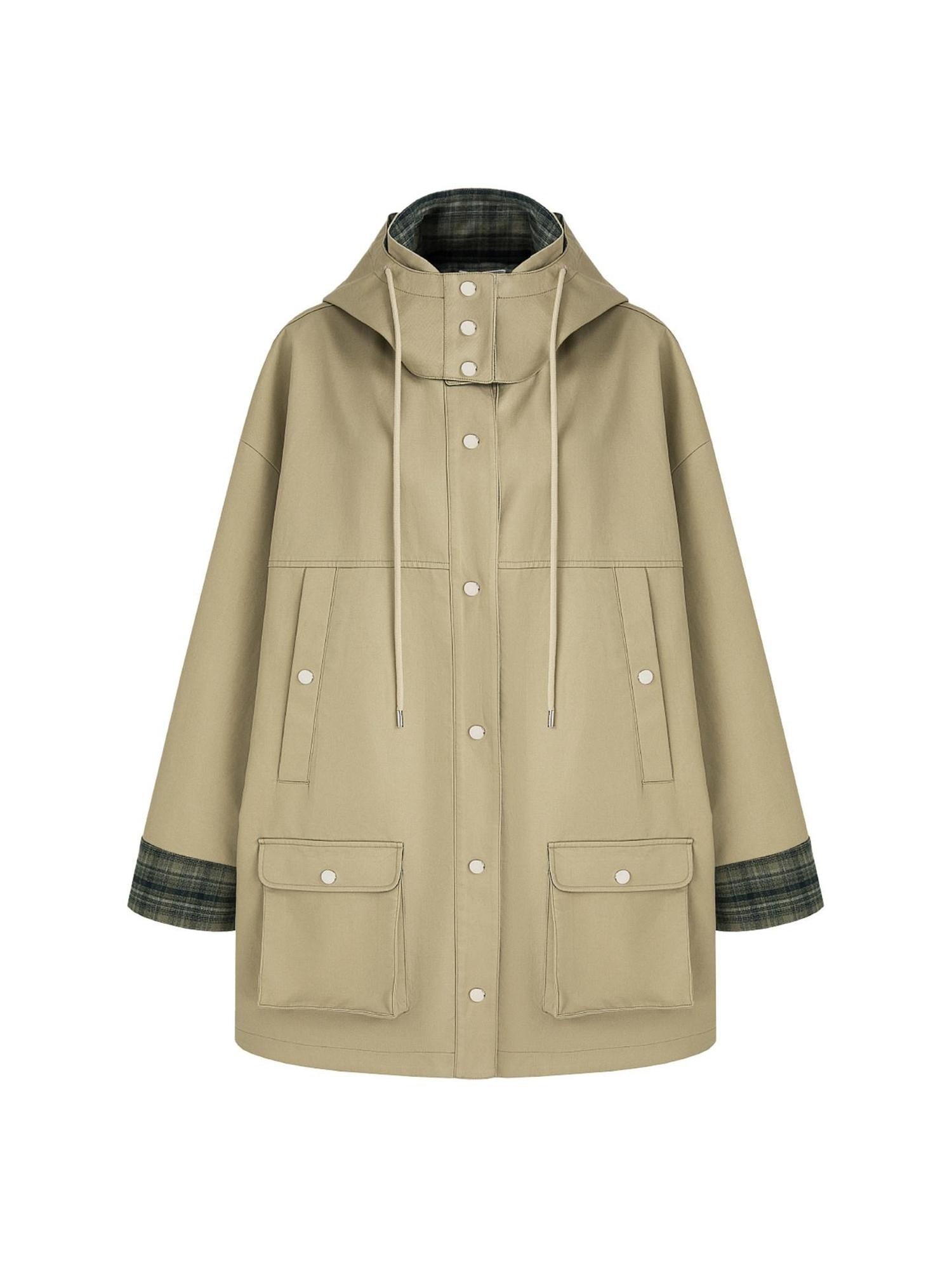 unspoken Breathable Pure Cotton Minimalist Loose Midlength Women Plaid Khaki Trench Coats
