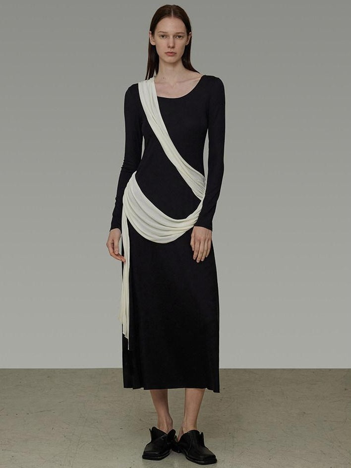 unspoken Slimming High Waist A Line Knit Long Sleeve Workwear Black Women Maxi Dresses