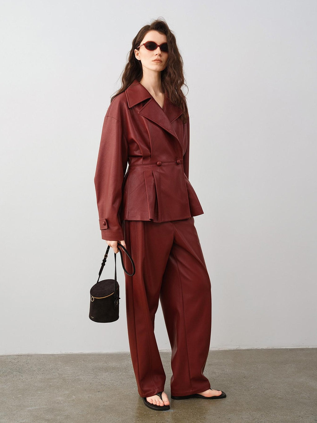 audreyyang 100 Percent Polyester Loose Fit Burgundy Women Wide Leg Pants