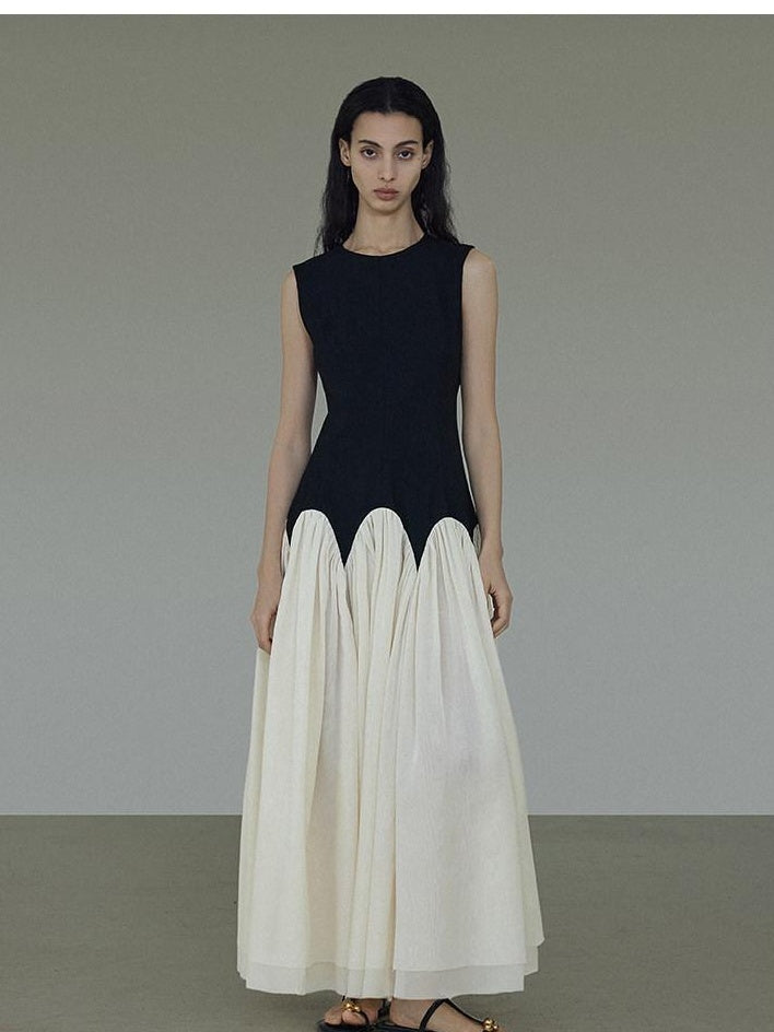 unspoken High Waist Colorblock A Line Sleeveless Minimalist Workwear Viscose Maxi Dresses