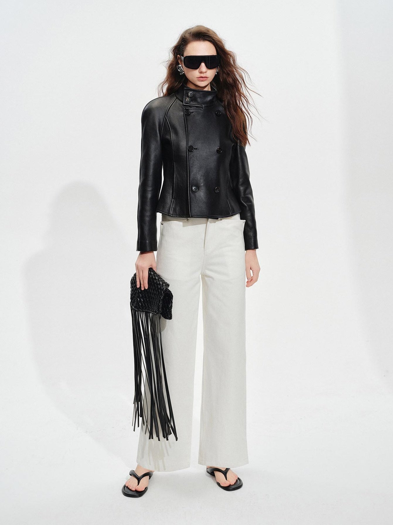 audreyyang Breathable Cotton High Waist Tailored Pockets Button Fly White Straight Pants