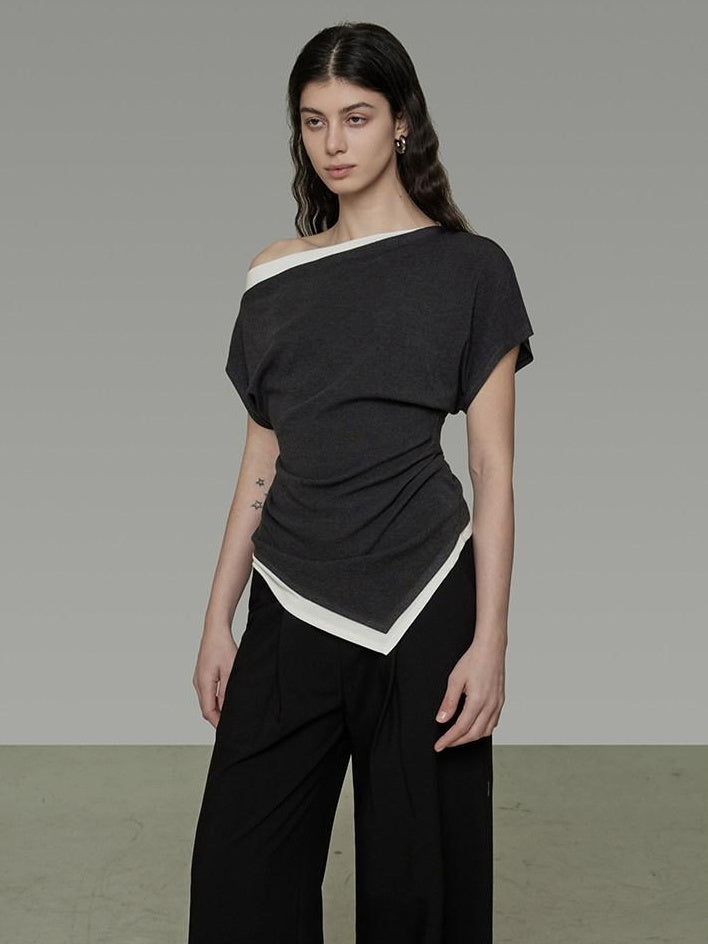 unspoken Slim Fit Colorblock Short Sleeve Pullover Slanted Collar Office Rayon Blouses