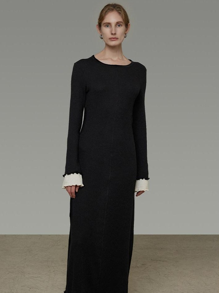 unspoken Slim Waist Colorblock Aline Knit Bell Sleeve Office Women Breathable Maxi Dresses