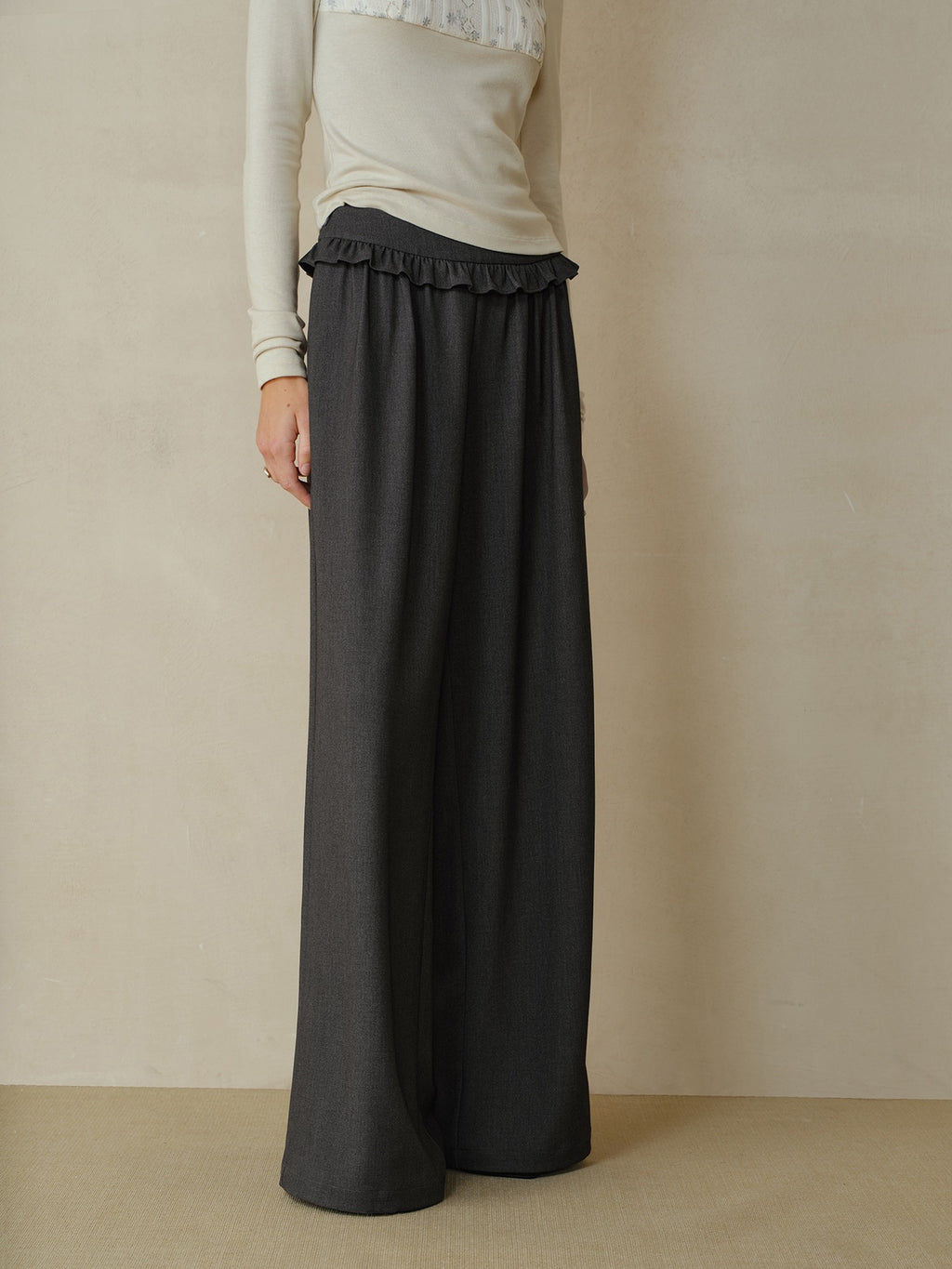 someonesometimes Soft Stretch Casual Ruffle Hem Women Heather Grey Viscose Blend Wide Leg Pants