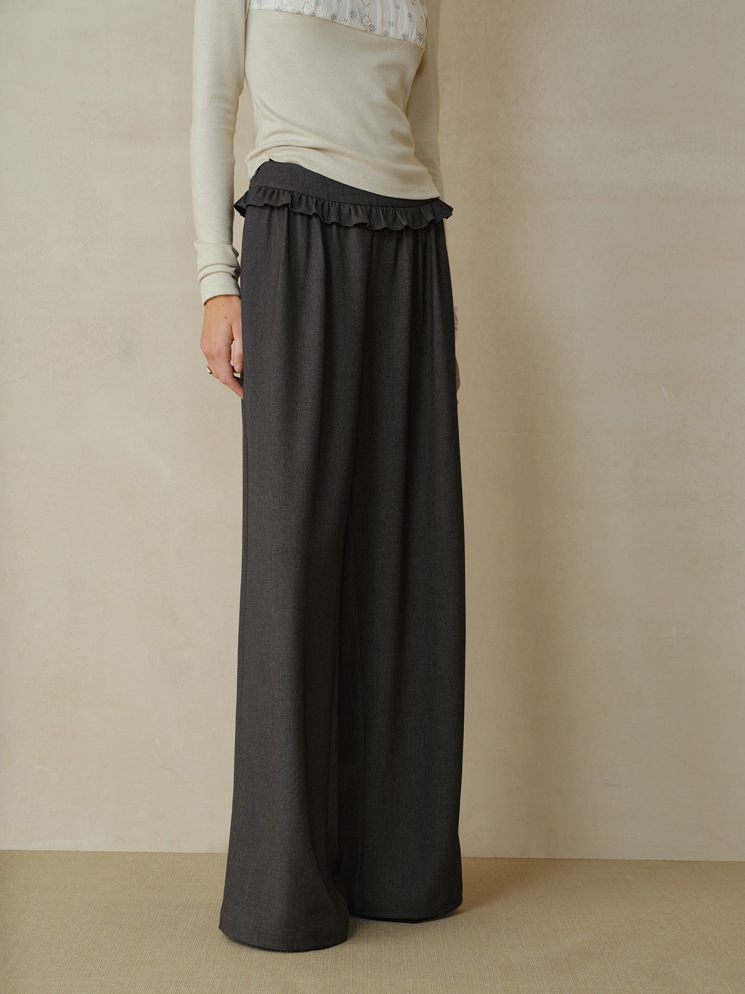 someonesometimes Soft Stretch Casual Ruffle Hem Women Heather Grey Viscose Blend Wide Leg Pants