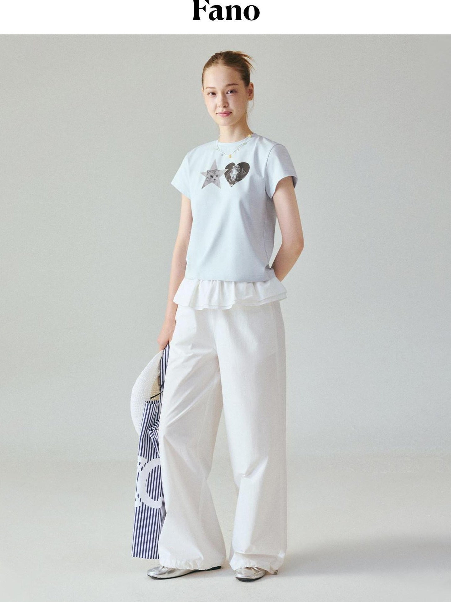 fano Pure Cotton Elastic Waist Loose Korean Office Natural Waist White Straight Pants