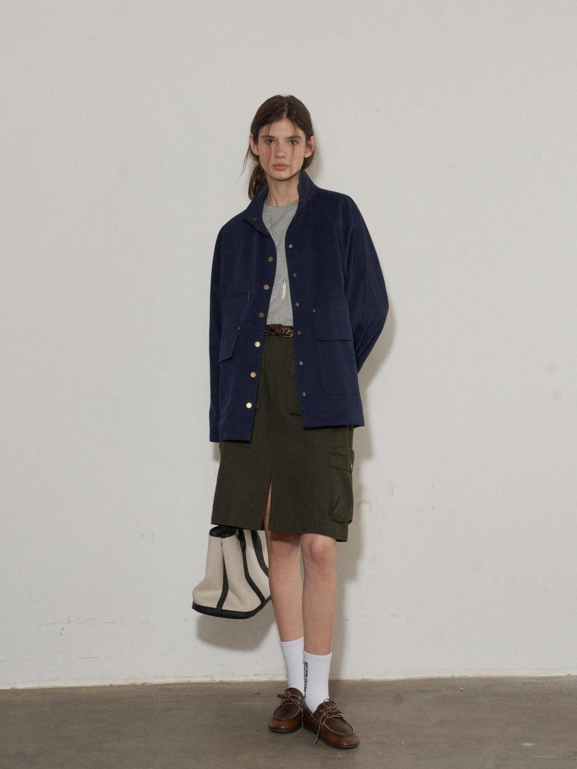 Lofi choose High Waist Cotton Slit H Line Loose Office Women Seaweed Green Midi Skirts