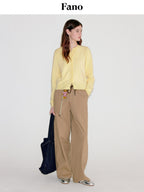 fano Cotton Elastic Waist Pocket Korean Workwear Women Khaki Straight Pants