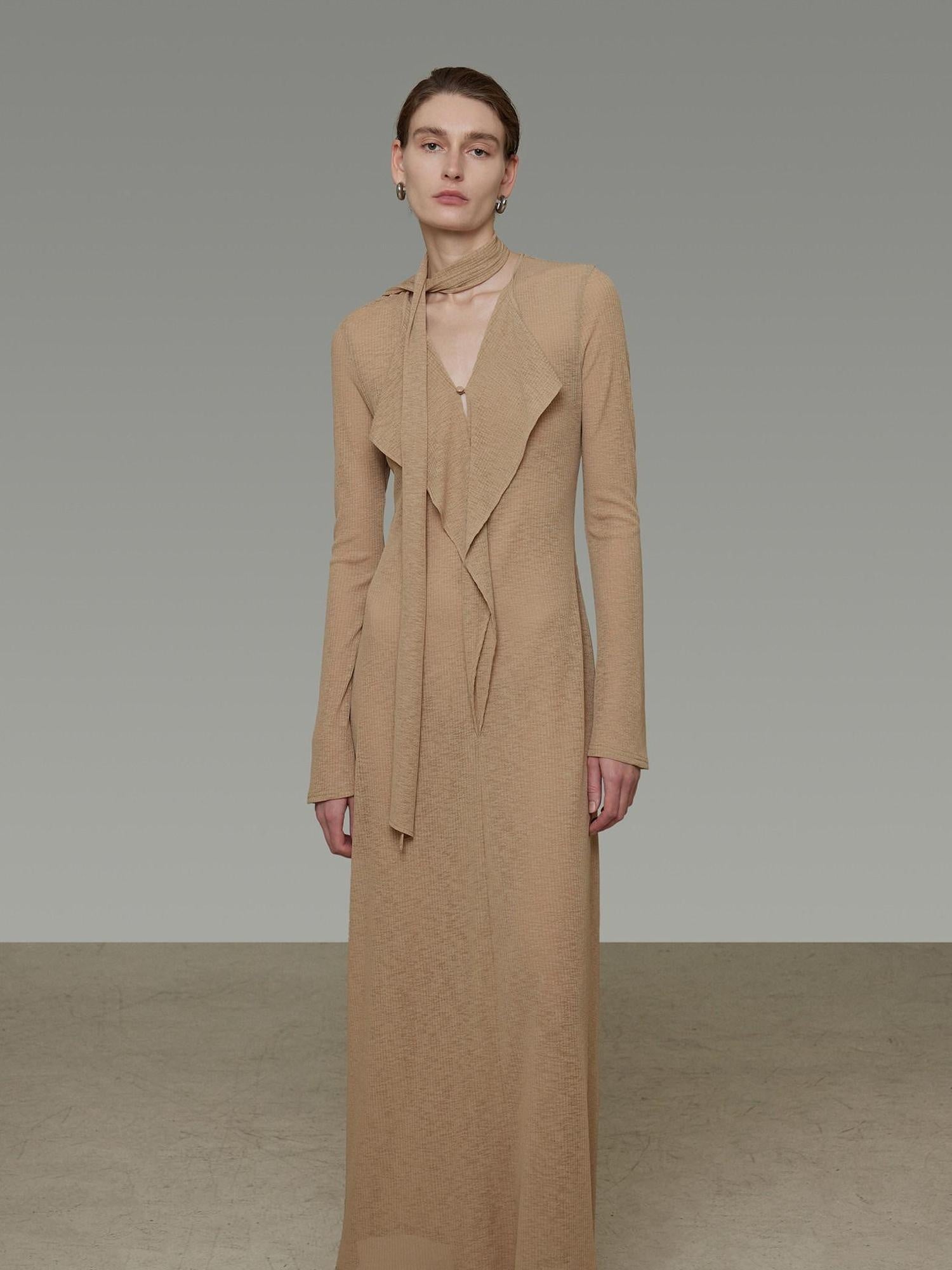 unspoken Breathable High Waist Sash V-neck Aline Longsleeve Office Polyester Maxi Dresses