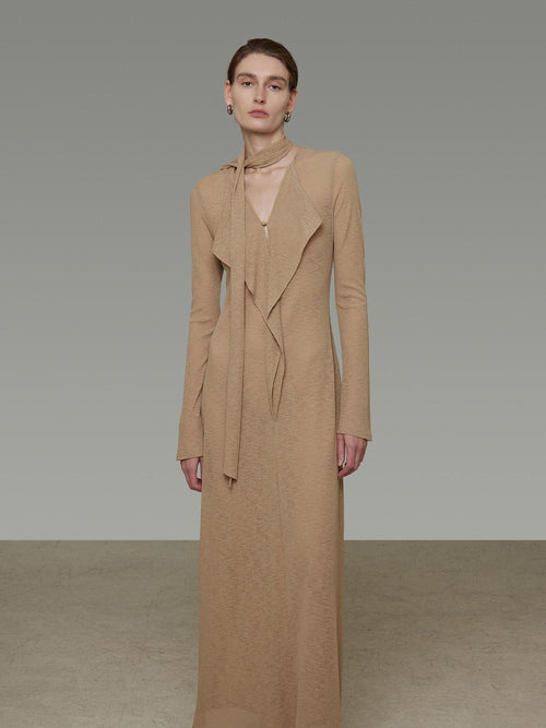 unspoken Breathable High Waist Sash V-neck Aline Longsleeve Office Polyester Maxi Dresses
