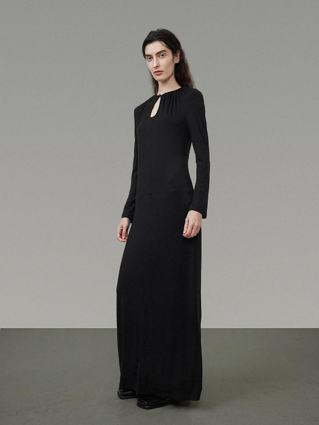 unspoken Waist Cinch Commuter Long Sleeve Drop Neck Black Womens Hline Maxi Dresses