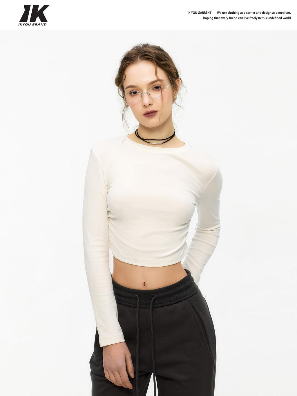 ikyou Slim Drawstring Long Sleeve Combed Cotton Crewneck Black White Basic Crop Tops