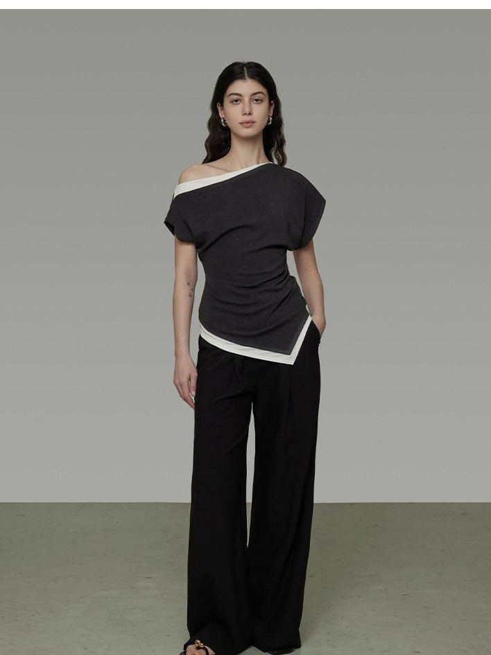 unspoken Slim Fit Colorblock Short Sleeve Pullover Slanted Collar Office Rayon Blouses