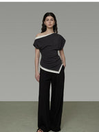 unspoken Slim Fit Colorblock Short Sleeve Pullover Slanted Collar Office Rayon Blouses