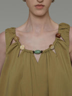 unspoken Khaki Beige Colorblock Sleeveless H Line Round Neck Loose Waist Maxi Dresses