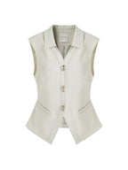 unspoken Breathable Polyester Linen Blend Loose Fit Button Front Office Women Vests