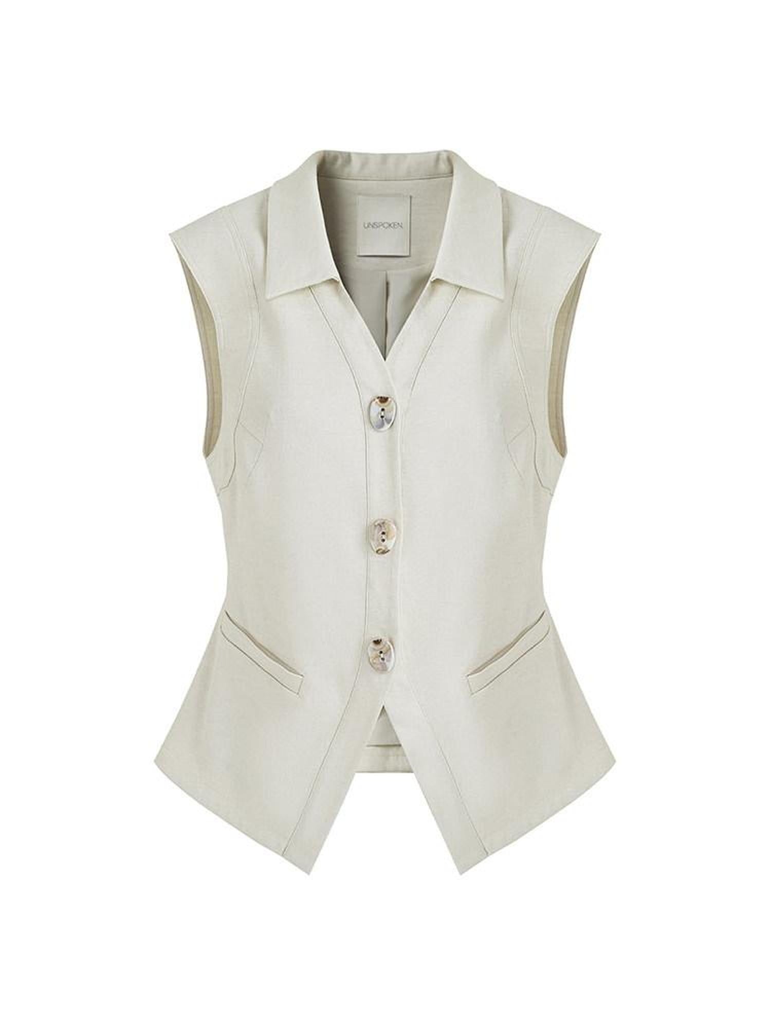 unspoken Breathable Polyester Linen Blend Loose Fit Button Front Office Women Vests
