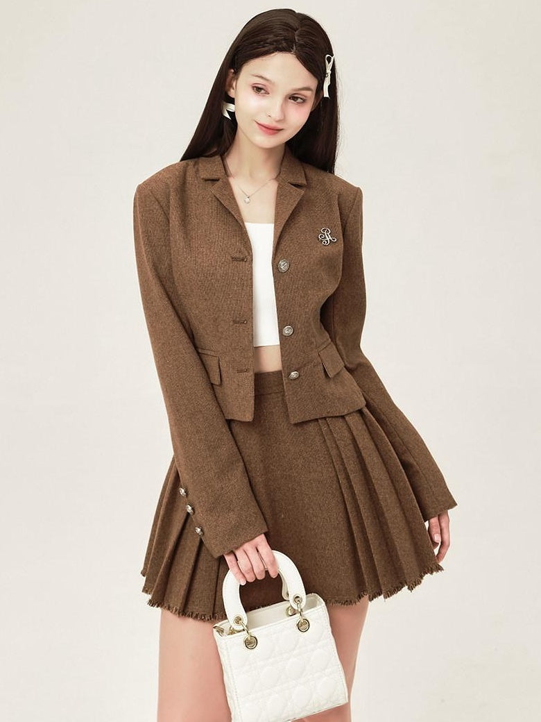 ikyou Tassel Button Slim Fit Square Neck Long Sleeve Work Gray Brown Top & Skirt Sets
