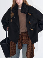 fano Soft Wool Blend Korean Oversized Lapel Collar Women Office Black Solid Short Coat