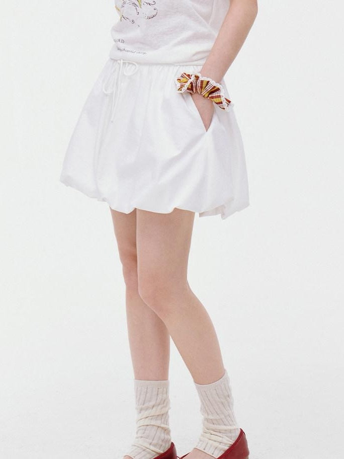 fano Lined Mid Waist A Line Bubble Skirt Loose Korean Solid White Mini Skirts