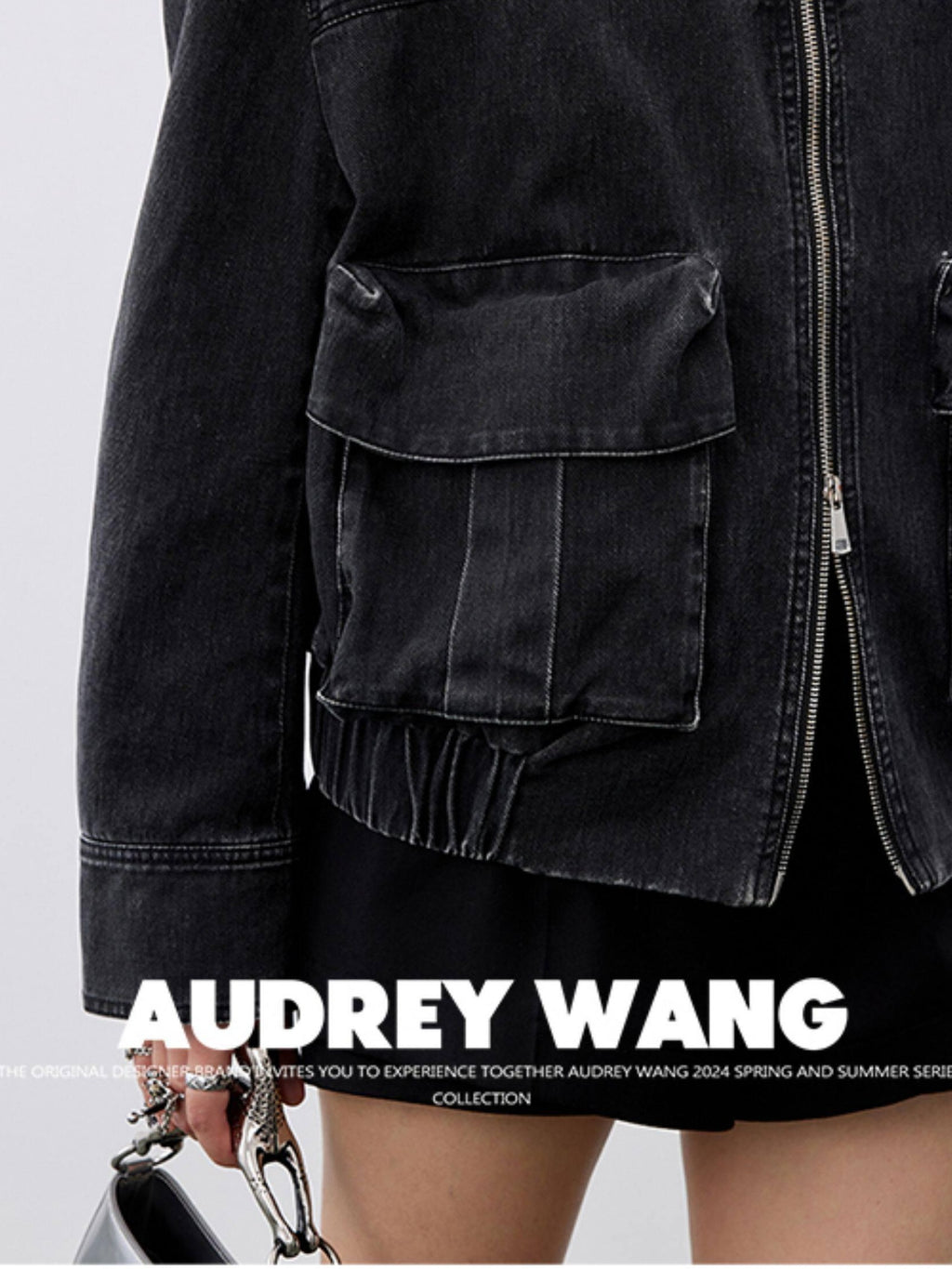 audreyyang Cotton Loose Commuter Lapel Zipper Long Sleeve Women Ash Gray Cropped Jackets
