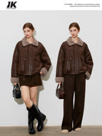 ikyou Thick Pu Leather Embroidered Zip Pocket Oversized Korean Brown Cropped Jackets