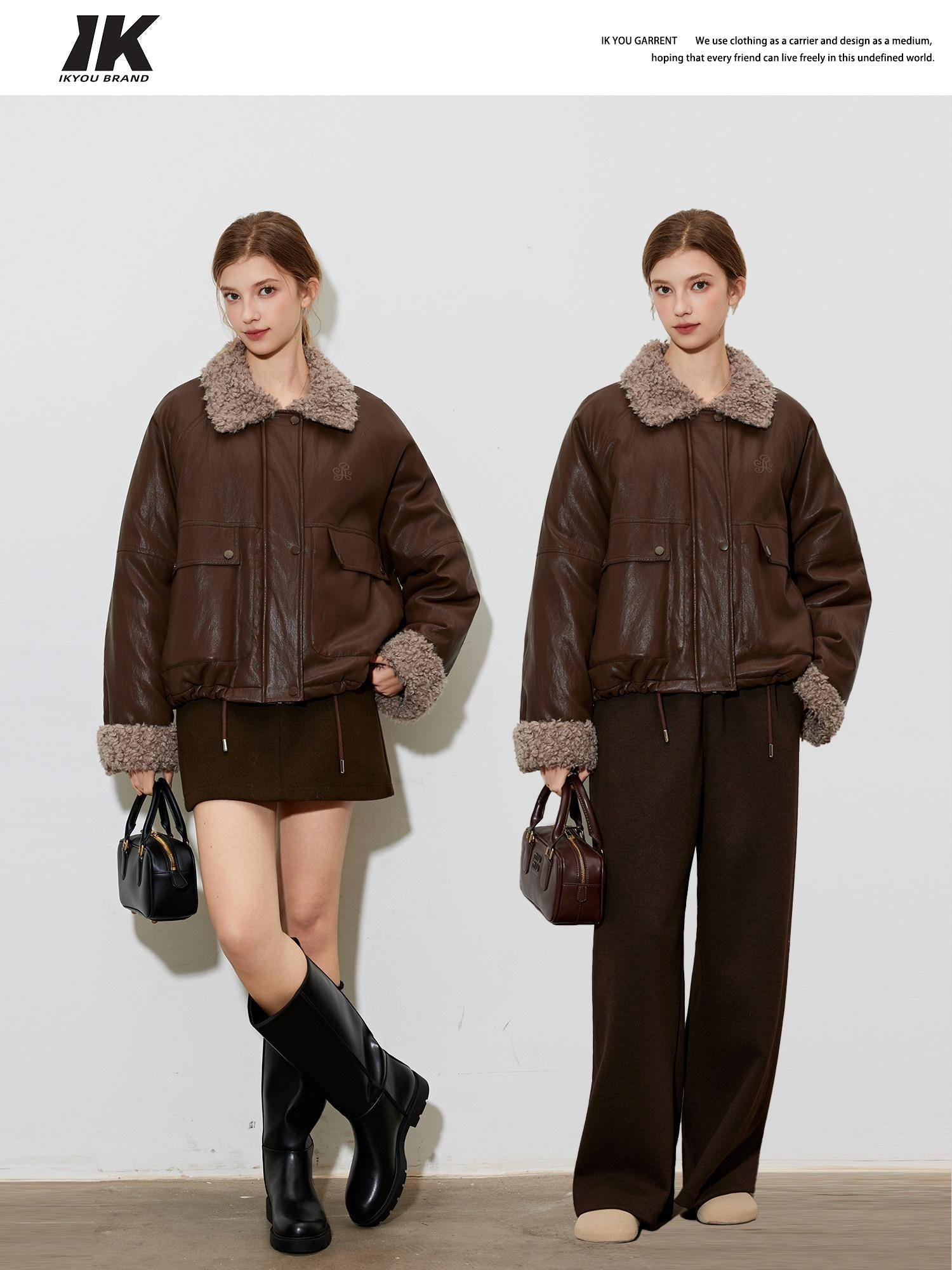 ikyou Thick Pu Leather Embroidered Zip Pocket Oversized Korean Brown Cropped Jackets