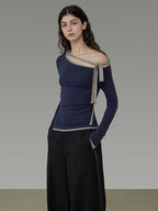 unspoken Tie Detail Slim Knit Pullover Asymmetrical Collar Office Viscose Blouses