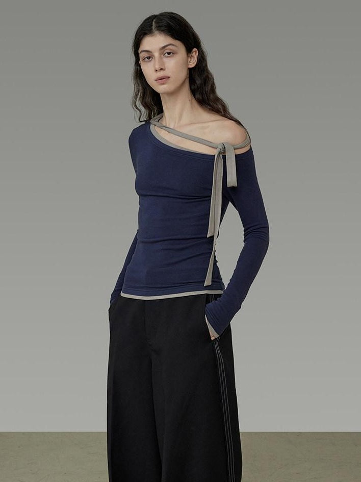 unspoken Tie Detail Slim Knit Pullover Asymmetrical Collar Office Viscose Blouses
