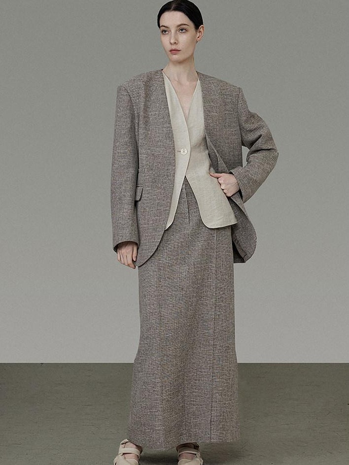 unspoken Minimalist Heather Gray Loose Fit Longsleeve Office Polyester Top & Skirt Sets