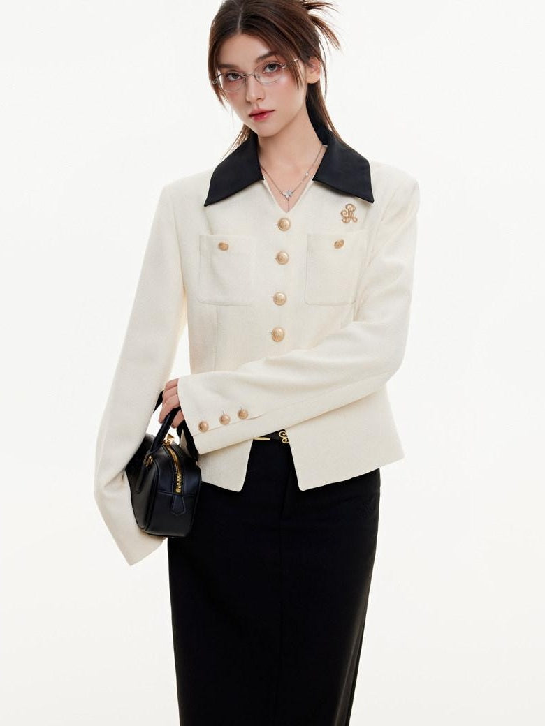 ikyou Office Slim Fit White Lapel Button Multi Pocket Women Cropped Jackets