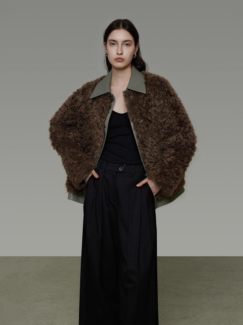 unspoken Warm Patchwork Lapel Loose Fit Minimalist Women Chestnut Short Coat
